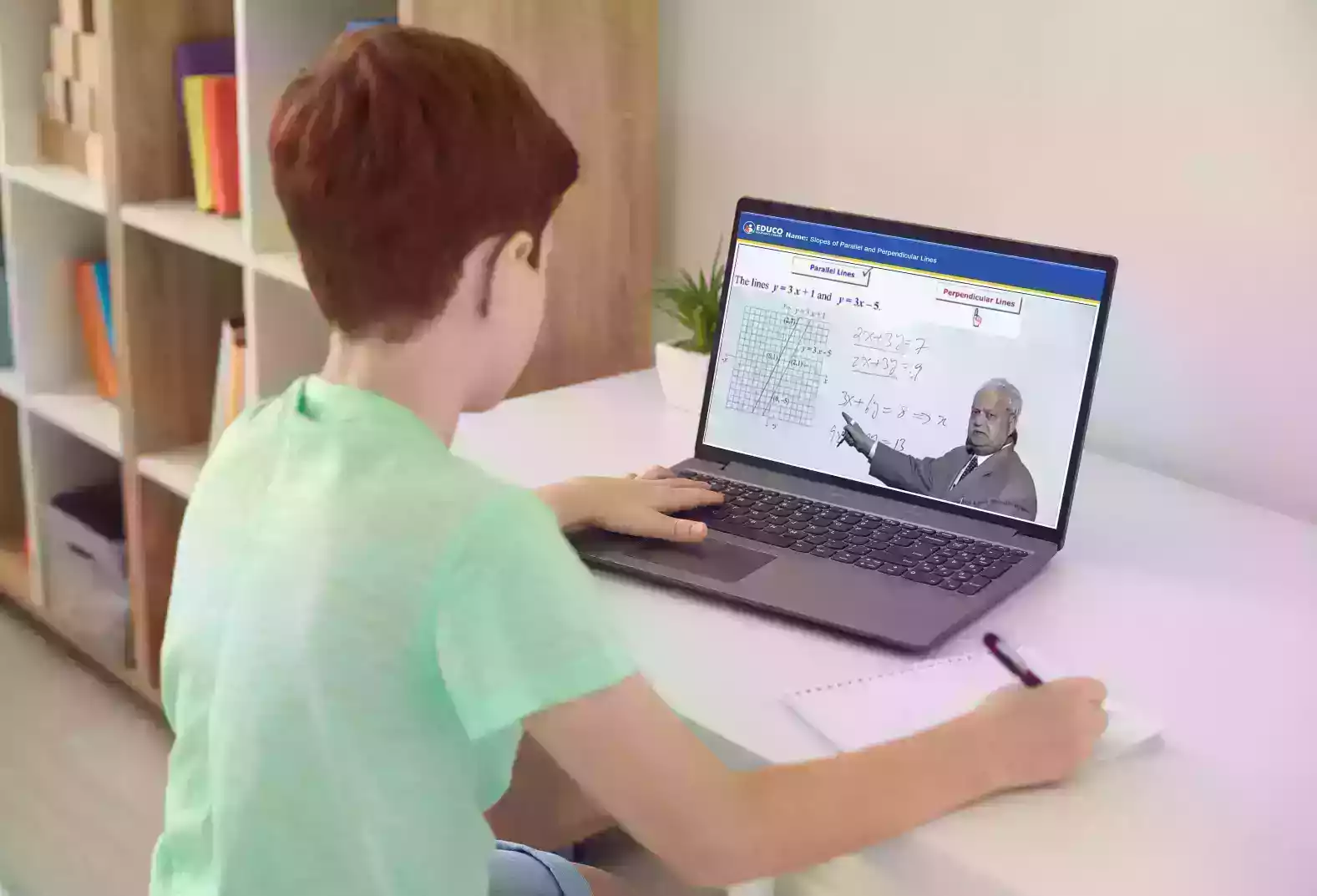 A boy taking Educo Learning Center math course on his laptop