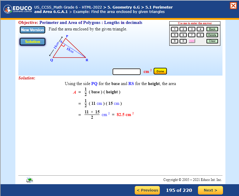 Screenshot Showing Educo Learning Center's Self-directed Math Activities for Grade 6